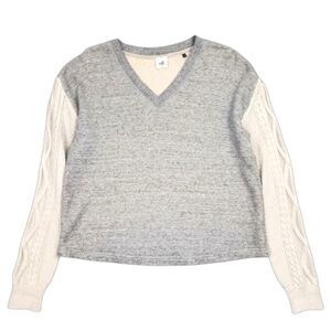 Cabi Fusion Sweatshirt Sweater V-Neck Cable Knit Sleeves Gray Off White M